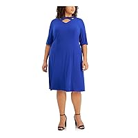 London Times Womens Blue Stretch Zippered Round Neck with Cutouts Elbow Sleeve Knee Length Wear to Work Fit + Flare Dress Plus 14W