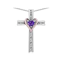 14k Rose Gold Two Tone Love Cross with Heart Stone Pendant Necklace