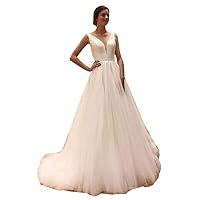 Melisa Women's Satin Beach Wedding Dresses for Bride 2023 with Train Sash Tulle Bridal Ball Gowns Plus Size