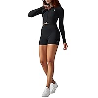 Orolay Ribbed Workout Sets for Women 2 Piece Full Zip Up Yoga Tops Butt Lifting Seamless Scrunch Gym Shorts Black Medium