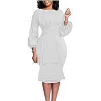 OLUOLIN Women's Elegant Plus Size Dresses Sheer Mesh Puff Sleeve Tunic Bodycon Pencil Midi Dress