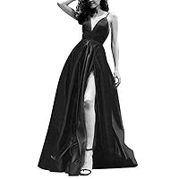 VeraQueen Women's Deep V Neck Satin Prom Dress Spaghetti Straps Long Ball Gown Black