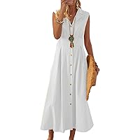 Multitrust Women Cotton Linen Button Down Lapel Maxi Dress Sleeveless Casual Beach Party Long A Line Sundress