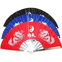 3pcs Kung Fu Tai Chi Double Dragon Steel Rib Heavy Fan Blue Black Red