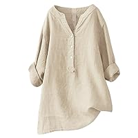 Women Oversized Cotton Linen Shirts Button Down Summer Blouse Roll-Up Sleeve Tops Tunic Trendy Boho Ladies Clothes 2024