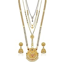 Presents Traditional One Gram Gold Plated Combo of 4 Necklace Pendant 30 Inch Long and 18 Inch Short Mangalsutra/Tanmaniya/Nallapusalu with 1 Pair of #Frienemy-1814