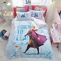100% Cotton Kids Bedding Set Girls Frozen Anna Princesses Blue Duvet Cover and Pillow Cases and Flat Sheet,4 Pieces,Queen