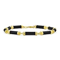Asian Style Gemstone Black Onyx Genuine Multi Color Yellow Red White Green Jade Strand Contoured Tube Bar Link Bracelet For Women 14K Yellow Gold Plated .925 Sterling Silver 7.5 Inch