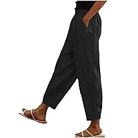 Womens Daily Casual Pants Elastic High Waisted Summer Beach Pants Solid Lightweight Gauze Tapered Pants with Pockets