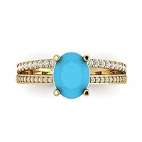 Clara Pucci 3.22 ct Oval Cut Solitaire W/Accent split shank Simulated Turquoise Anniversary Promise Engagement ring 18K Yellow Gold