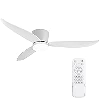 52 Inch White Ceiling Fans with Lights and Remote Control,Modern Flush Mount Ceiling Fans,3Blades 6Speeds 3Colors LED Dimmable Light,Noiseless Reversible DC Motor, Indoor Outdoor Ceiling Fans