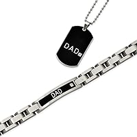 Stainless Steel Brushed Fold over Fancy Lobster Closure Black Plated 8.75inch Dad Bracelet and 24in Dad Necklace Set Jewelry for Women