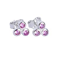 3 Stone Set Pink Sapphire 925 Sterling Silver Small Lightweight Stud Earring