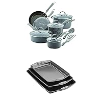 Rachael Ray Cucina Hard Porcelain Enamel Nonstick Cookware Set, 12-Piece, Sea Salt Gray with Rachael Ray Nonstick Bakeware Cookie Pan Set, 3-Piece, Gray with Sea Salt Gray Silicone Grips