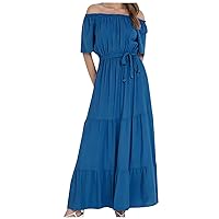 Off The Shoulder Dresses for Women Summer Ruched Ruffle Short Sleeve Maxi Dress Bandage Waisted Ankle Length Dress