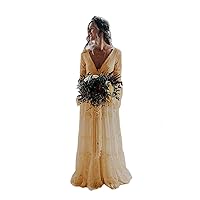Tsbridal Women Deep V Neck Lace Boho Wedding Dress Long Sleeves Bridal Dresses