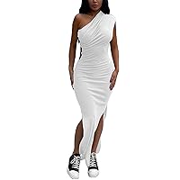 acelyn Sexy One Shoulder Maxi Dress for Women Summer Bodycon Slit Ribbed Sundress Casual Long Dresses Beachwear