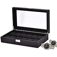 Watch Box 12 Slots PU Leather Carbon Fiber Watches Display Lockable Storage Box With Glass Lid Black Watch Organizer Collection