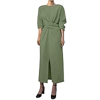 Women's Plus Size Cotton Linen Dress, Long Sleeve Casual Summer Crew Neck Loose Twisted Tie Split Front Maxi Dresses