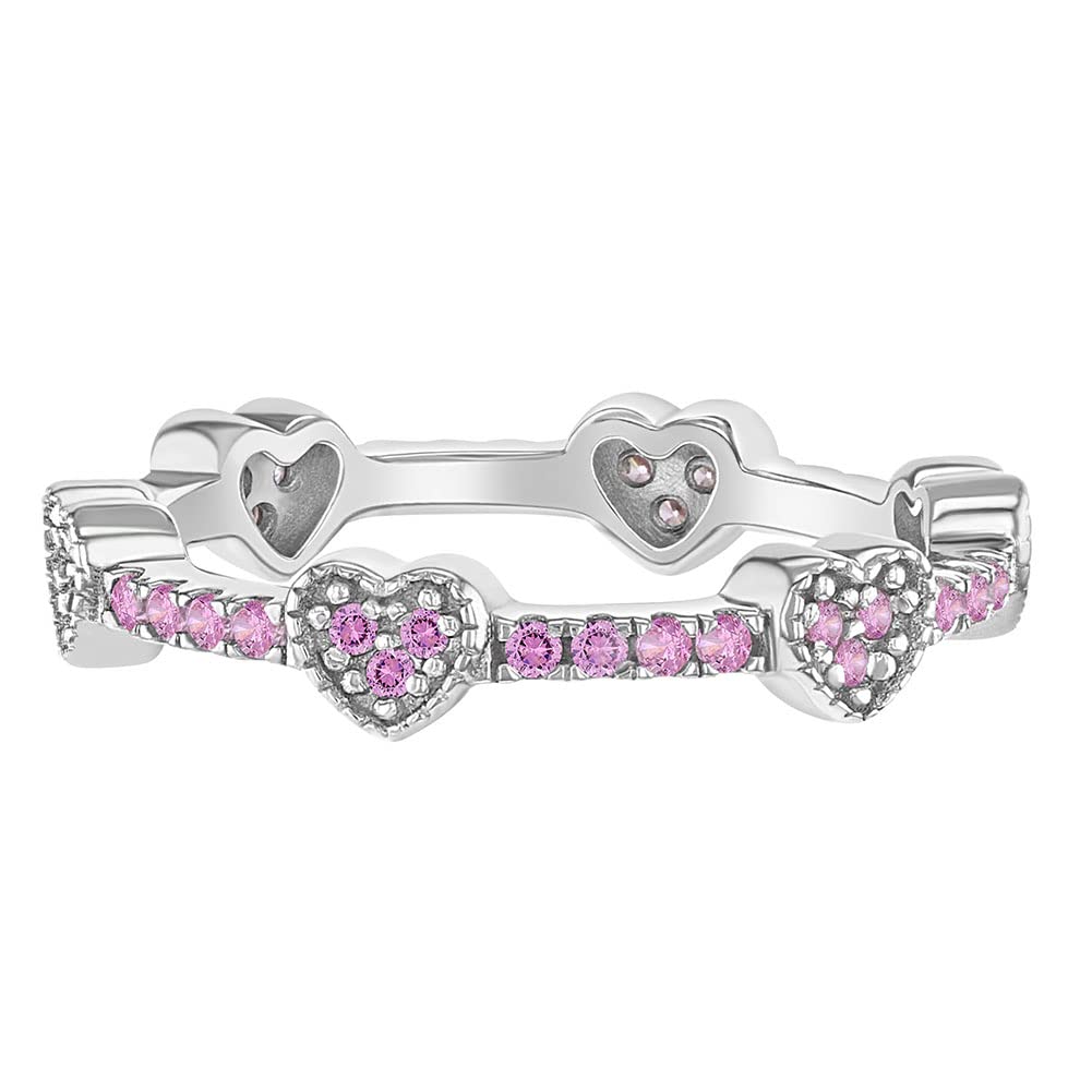 925 Sterling Silver Sparkling Pink Cubic Zirconia Heart Ring Band For Girls & Teens Sizes 2-5 - Classic Pink Ring Bands For Young Girls - Unique & Sparkling Rings For Preteens Formal Events