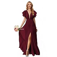 V Neck Bridesmaid Dresses with Ruffle Sleeve for Wedding Long Slit Chiffon Formal Evening Gown for Women