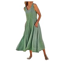 Tank Dresses for Women Sundress Casual U Neck Sleeveless Baggy A-Line Cotton Linen Beach Vacation Dress with Pocket