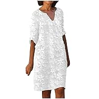 Women’s Casual V Neck Cotton Linen Midi Dress Fashion Floral Printed Summer Half Sleeve Knee Length Shift Dresses Trendy Dresses for Women 2024 Vestidos De Verano para Mujer White