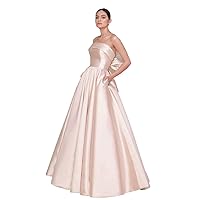 Women's Satin Prom Dresses Strapless Formal Party Gowns with Pockets