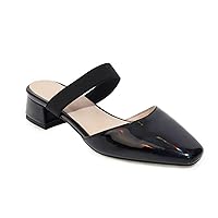 Women's Closed Square Toe Low Heel Mules Patent Leather Black Strap Comfy Backless Slide Sandals