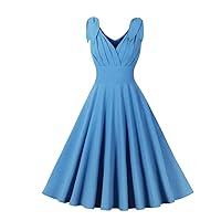 Blues High Waist Retro Women's Dress V Neck Pleated Chest Solid Color Slim Retro Party Long Dress