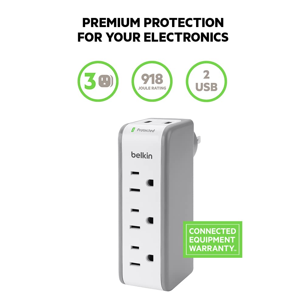 Belkin Wall Mount Surge Protector w/ 3 AC Multi Outlets & 2 USB Ports, 918 Joules