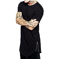 Men's Hipster Hip Hop Back Zipper Basic Longline Crewneck Extra Long T-Shirt