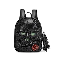 3D Skull Backpack ,3D Skull With Glowing Green Eyes, Skull With Rose Flower (Black)