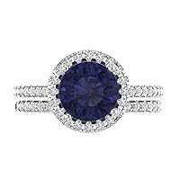 Clara Pucci 2.82 ct Round Cut Halo Solitaire Simulated Blue Sapphire Designer Art Deco Statement Wedding Ring Band Set 18K White Gold
