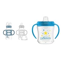 Dr. Brown's Milestones Wide-Neck Sippy Spout Bottle with 100% Silicone Handles & Transition Sippy Cup with Soft Spout - Blue - 6oz - 6m+