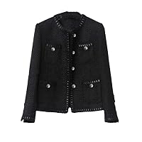 Black Tweed Women's Jacket - Classic Woolen Coat for Spring/Autumn/Winter