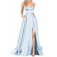 Next Day Delivery Items Prime Formal Dresses for Women 2024 Classic Solid Color Elegant Sexy Spaghetti Strap with Front Slit Low Neck Dress Light Blue X-Large