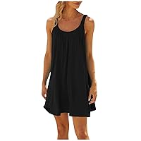 Summer Tops for Womens Gown Tanks Cute Mini Comfortable Solid Sundress Comfy Pleated Cotton Scoop Neck Top Women's Black