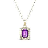 Emerald Cut Amethyst Round Diamond 3/4 ctw Womens Halo Pendant Necklace 16 Inches Chain 14K Gold