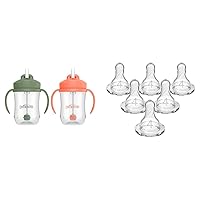Dr. Brown's Baby's First Straw Cup, Training Cup, Coral & Olive Green, 2 Pack, 6m+ and Natural Flow Level 4 Narrow Baby Bottle Silicone Nipple, Fast Flow, 9m+, 6 Pack