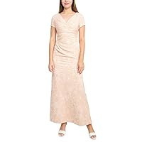 Adrianna Papell V-Neck Short Sleeve Pleated Gathered Side Zipper Back Matelasse Dress-BLUSH GOLD