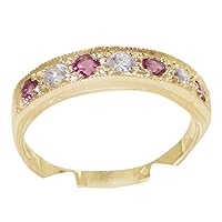 Solid 10k .417 Yellow Gold Natural Diamond and Pink Tourmaline Band Ring (0.16 cttw, H-I Color, I2-I3 Clarity)