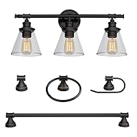 Globe Electric 50192 Parker 5-Piece All-In-One Bathroom Set, Oil Rubbed Bronze, 3-Light Vanity Light with Clear Glass Shades, Towel Bar, Towel Ring, Robe Hook, Toilet Paper Holder, Oil-rubbed Bronze
