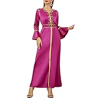 Woman Dubai Elegant V Neck Diamonds Party Dress Ruffle Long Sleeve Solid A Line Maxi Abaya Islam Robe with Belt