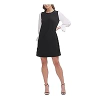 DKNY Womens Black Stretch Zippered Twisted Crewneck Elastic Cuff Color Block Blouson Sleeve Short Wear to Work Shift Dress 8