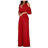 Womens Jumpsuits,Sexy Casual V-Neck Short Sleeve Solid Jumpsuit Off Shoulder Wide Leg Loose Summer Rompers