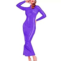 12 Colors Mock Neck Long Sleeve Dress Ladies Split Slim Long Dress (Purple,3XL)