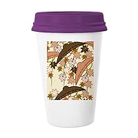 Painting Japanese Culture Brown Coffee Mug Glass Pottery Ceramic Cup Lid Gift