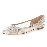 XYD Women Elegant Pointed Toe Rhinestone Flats Mesh Slip On Low Heel Crystal Embellished Wedding Bride Dress Shoes