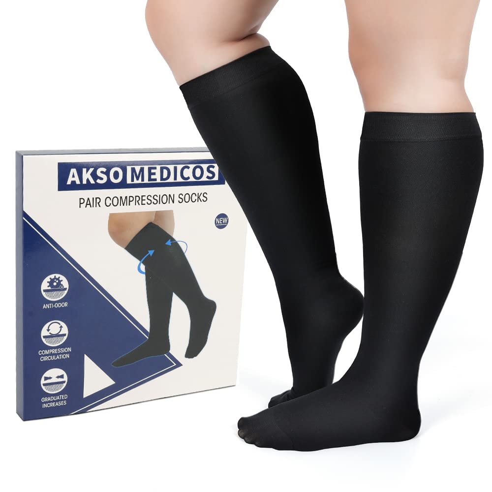 AKSO MEDICOS Plus Size Compression Socks 20-30 mmhg Extra Wide Wide Calf Knee High Stockings for Improve Circulation Varicose Veins Swelling Edema Small